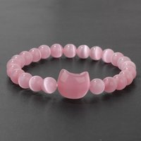 Natural Crystal Pink Cat Eye Beads Bracelet Healing Stone Quartz Cat Head Charm Bracelets Women Men Elegant Lucky Jewelry Gift