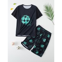 2-piece Summer Youth Men's Fashion Printed Short Sleeve Set Comfortable Round Neck Soft T-shirt Elastic Waist Shorts for Big Kid
