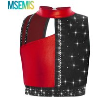 Kids Girls Gymnastics Dance Tops Practice Performance Costume Mock Neck Sleeveless Cutout Shiny Rhinestones Metallic Crop Top