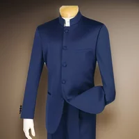Slim Fit Men's Suits With Satin Stand Collar Navy Blue Wedding Groom Tuxedo For Prom 2 Pcs Male Fashion Suit Jacket Pants