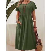 ZANZEA Fashion Summer Women Party Holiday Sundress Elegant O Neck Short Sleeve Solid Mid-calf Dress Casual Vestido Robe Femme
