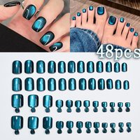 48Pcs/Set Blue Cat Eye Press On Nails For Hand&Toe Sparkle Galaxy Cats Eye Short Square Finger/Toenail Fake Nails False Nail Set