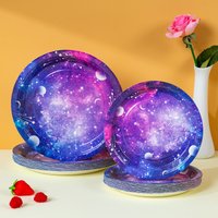 7/9 Inch Purple Blue Galaxy Pattern Disposable Paper Plates, Round Paper Plates for Dinner, Picnic and Party Use