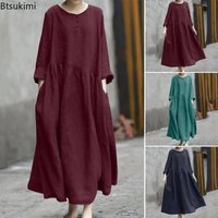 New 2026 Women's Cotton Linen Asymmetrical Loose Long Dress Spring Summer O-neck Long Sleeve Pockets Casual Dresses Modest Robe