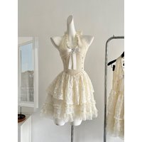 Summer Korean Fashion Sexy Mini Fluffy Dress Women Bow V-Neck Backless Halter Party Dress Casual Sweet Original Design Clothing