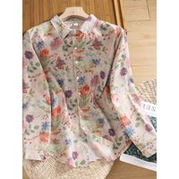 Women's Loose Cotton Linen Shirt Slimming Print Versatile Large Size Top Summer Fashion Ladies' Silk Upper Apparel