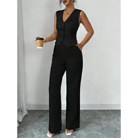 Women's Black Two Piece Outfit Sleeveless V Neck Vest Blazer High Waist Wide Leg Pants Elegant Office Spring Summer Suit Set