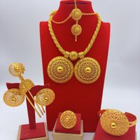 Dubai 24k Gold Plated 6PCS Jewelry Set For Woman African Indian Ethiopian Big Pendant Necklace Wedding Engagement Party Gifts