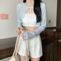 New Thin Sun Protected Cardigan Knit Short Length Lantern Sleeve Coat Breathable Lace-up Design Shawl Sun Protection