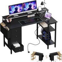 Computer Desk with Power Outlets, Office Desk with Raised Monitor Stand, Reversible Storage Shelves for Home Office, Black