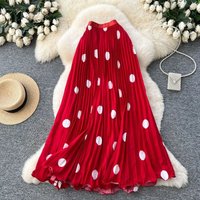 Women Polka Dot Pleated Maxi Skirt High Waist Chiffon A-line Summer Casual Beach Skirt