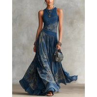 Vintage Bohemian Women Dress 2026 Summer Casual Beach Vacation Long Skirt Fashion Print O-neck Slim Shoulder Strap A-line Dress