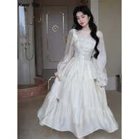 French Elegant Solid Fairy Dress for Women Korean Sweet Long Sleeve Birthday Party Clothes Spring Summer Casual A-line Vestidos