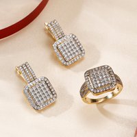 Square inlaid zircon earrings and ring set copper plated 14K gold elegant fashion jewelry festival dinner party gift jewelry