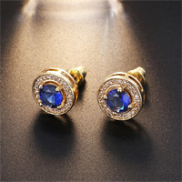 Classic Royal Blue Red Champagne Zircon Round Stud Earrings For Women Men Antique Gold Color White Zircon Ear Studs Jewelry Gift