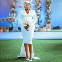 Customized Wedding Dress with Detachable Train V Neck Long Sleeves Bridal Gowns for Women Sheath Knee Length Wedding Gown Short