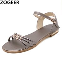 Comfortable Genuine Leather Women's Sandals Flats Shoes Solid White Gold Large Size 45 46 Flip Flops Flat Summer Beach Shoes