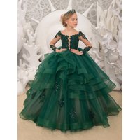 Snvdzo Customized Flower Girl Pageant Dresses Tulle Appliques Pattern Tiered Long Sleeve Wedding Birthday Banquet Princess Gown