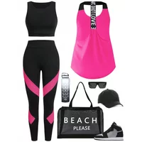 Asymmetrical Hem Halter Tank Top Black Crop Top Contrast Color Leggings 3 Piece Sportswear Set