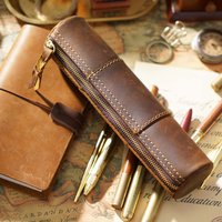Vintage leather zipper pencil case organiser pouch simple handmade pen case box coin purse stationery storage bag for school