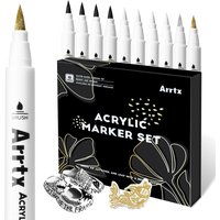 Arrtx Acrylic Paint Pens 10 Pack(4 Black, 4 White, 1 Golden, 1 Silver) Brush Tip Paint Markers Suitable for Most Surface