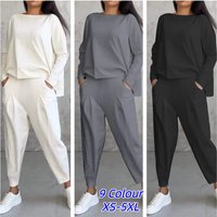 Tracksuits Women's Trousers Suit O-neck Long Sleeve Loose T-shirt Solid Color Trousers Pocket Simple 2-piece Set Loungewear