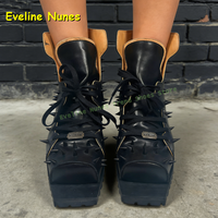 Rivet Spikes Lace Up Platform Pumps Square Toe Chunky Heels Patchwork Punk Fashion Shoes 2025 Spring New Arrival High Top Trend