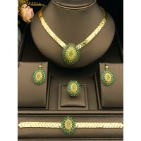 JRH 4PCS Women's Ethiopian Banquet Jewelry Set with Shiny Cubic Zirconia Gold Plated Copper Necklace Ring Earrings Bracelet