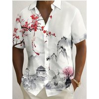 2026 New Men's Short Sleeve Outdoor Button Shirt 3D Peach Blossom Ink Painting Print Casual Outing Vacations Summer Man Clothes