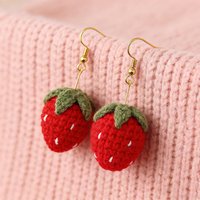 Sweet Red Strawberry Earrings Handmade 3D Crochet, Charming Cute Fruit Earrings for Women, Spring Summer Unique Bohemian Gift.