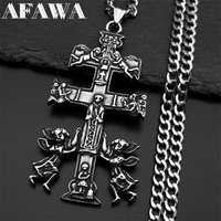 Catholic INRI Caravaca Cross Jesus Crucifix Cherub Angel Necklace for Women Men Stainless Steel Orthodox Russia Jewelry Gift