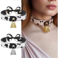 Sexy Leather Choker Necklace Cow Print Adjustable Bell Collar Women Necklace