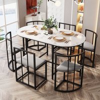 PINGGO Six-chair dining table set: (chairs with backrests and gray cushions, black iron frame), dining room table and chair set