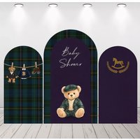 Mehofond Custom 2-Sided Cute Bear Blue Plaids Theme Boys Birthday Party Baby Shower Cover Chiara Arch Background Decor Backdrop