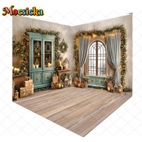 Mocsicka Vintage Christmas Room Backdrop Photography Green Cabinet Window Lantern Gift Wooden Floor Background Xmas Family Photo