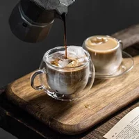 JUSTINLAU 150/300ml Double-layer Glass Cup Transparent with Handle Heat Resistant Coffee Cup & Saucer Milk Juice Water Cup Gift