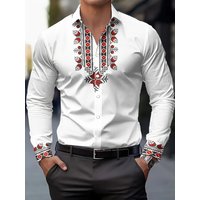 Men's Fashion Geometric Print Formal Long Sleeve Shirt Breathable Polyester Casual Button-down Lapel Spring and Autumn Season