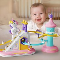 ABS Electric Unicorn Track Toy, 3 Mini Unicorns, Auto Stair Climbing, LED Music Castle Slide Girls Gift