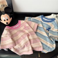 Summer Cotton Children Striped Short Sleeved Embroidered T-shirt for Boys and Girls Korean Versatile Short T-shirts Fashion Top