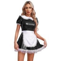 Womens Patent Leather Maid Servant Dress with Apron Carnival Theme Party Cosplay Costume Puff Sleeve Ruffle Lace A-Line Dresses