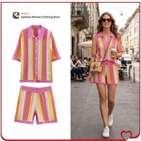New in Summer Striped Openwork Knit Short Sets for Women Striped Openwork Knit Polo Neck Short Sleeve Jacket & Drawstring Shorts