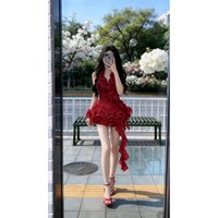 Sexy Retro Red Halter Top And Skirt Set Women's Fashion Princess Style Outfit High Waist Puffy Short Skirt for Date And Casua...