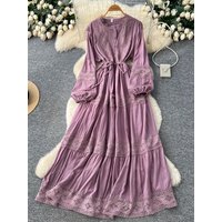 Spring Autumn Retro Ethnic Style Lace Splicing Dress Women's Loose O-Neck Hollow Long Sleeve Temperament Long Dress D128