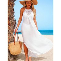 Vacation Style Bikini Sun Protection Cover Up, Sexy Side Slit Transparent Elegant Long Dress, Loose-Fitting Plain Design