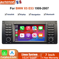 Bezprzewodowe radio samochodowe z CarPlay i Android Auto, 7-calowy ekran dotykowy z systemem Linux do BMW X5 E53 1999-2007, z funkcjami Airplay, Autolink, Mirror Link, WiFi, Bluetooth, nawigacją GPS i