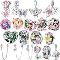 Silver 925 Double Pink Butterfly Charm Beads Fit Original Bracelets Bag Keychain Charms Beads Pendant Diy Women Jewelry Gift