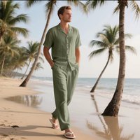 American Style Summer Set Short Sleeve Long Pants Men Linen Beach Casual Short Sleeve Shirt Set