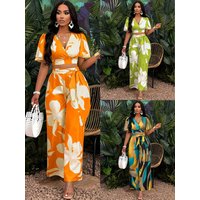 Women's Vacation Boho 2 Piece Outfit 2026, Tropical Print Ruched Sleeve Top & Tie Waist Wide Leg Long Pants Set