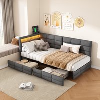 Canapé-lit en forme de L Rosahqnda 140x200cm avec 2 tiroirs de rangement, lit de jour, lit simple, lit enfant, cadre de lit pour jeunes, lin gris