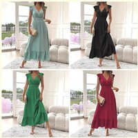 Elegant V-Neck Summer Dress for Women, Ruffled Waist Maxi Gown, Office & Casual Short Sleeve Dress